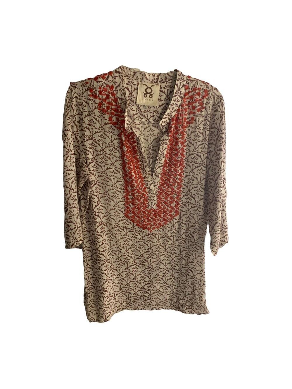 FIGUE 3/4 Sleeve Brown Leaf and Orange Beaded tunic top flaw large